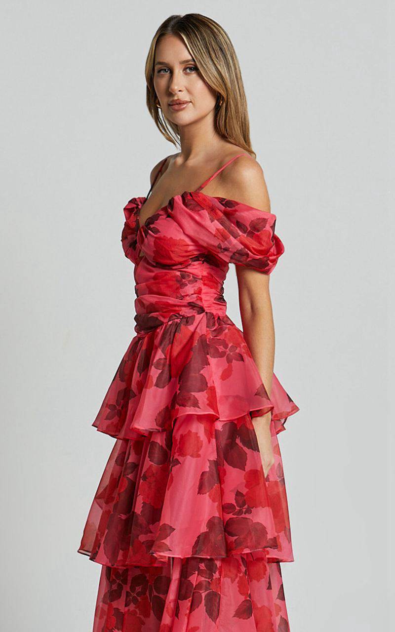 Showpo Xena Midi Dress - Off The Shoulder Cut Out Front Layered Dress Pink Print | QGPJBH467