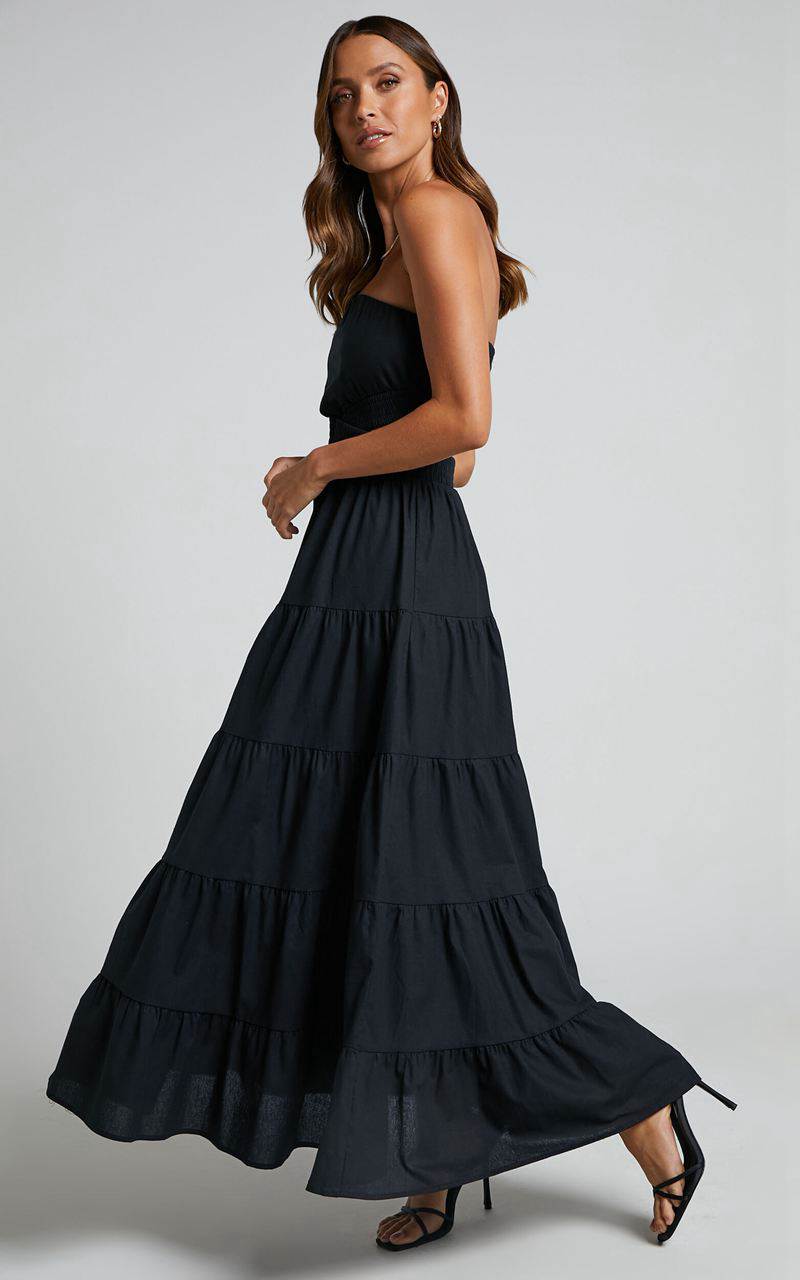 Showpo Xiomara Maxi Dress - Strapless Cut Out Tiered Dress Black | NCXQHY485