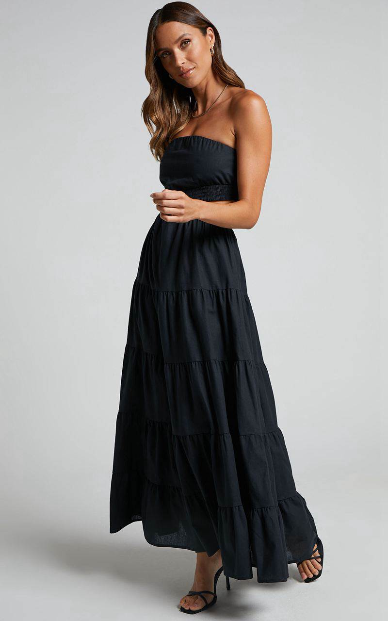 Showpo Xiomara Maxi Dress - Strapless Cut Out Tiered Dress Black | NCXQHY485