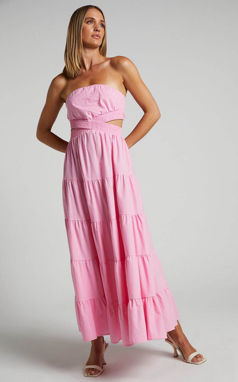 Showpo Xiomara Maxi Dress - Strapless Cut Out Tiered Dress Pink | ZMXGAE172