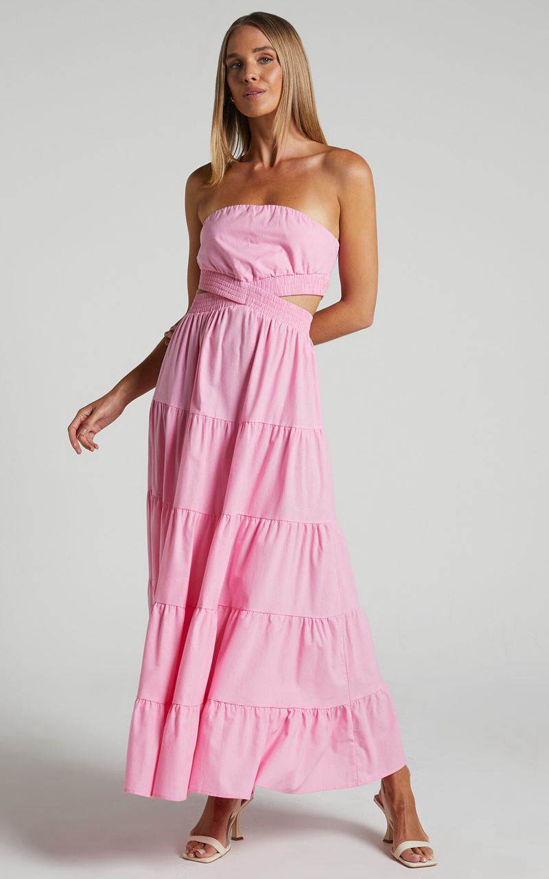 Showpo Xiomara Maxi Dress - Strapless Cut Out Tiered Dress Pink | ZMXGAE172