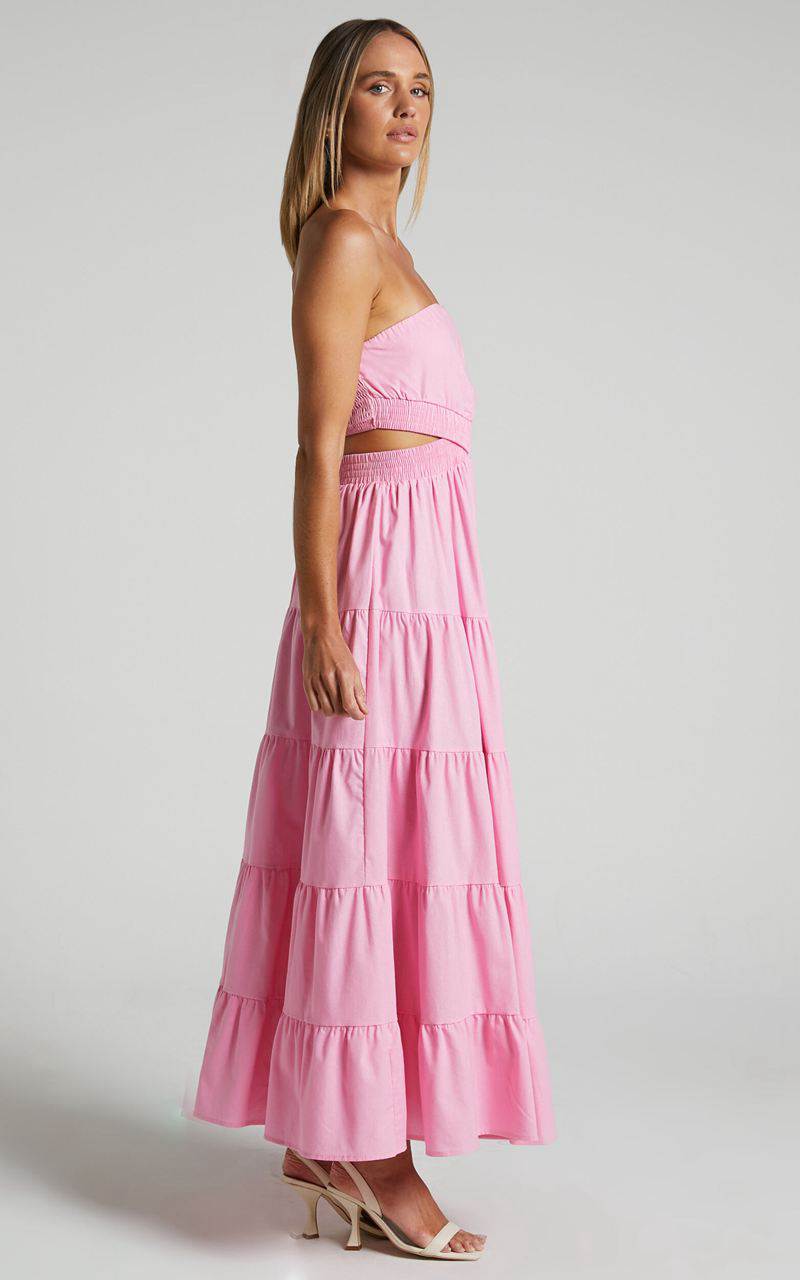 Showpo Xiomara Maxi Dress - Strapless Cut Out Tiered Dress Pink | ZMXGAE172