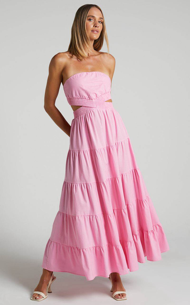 Showpo Xiomara Maxi Dress - Strapless Cut Out Tiered Dress Pink | ZMXGAE172