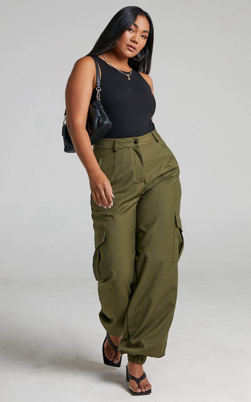 Showpo Xyriel - High Waisted Utility Style Cargo Pants Khaki | NDFHWB604