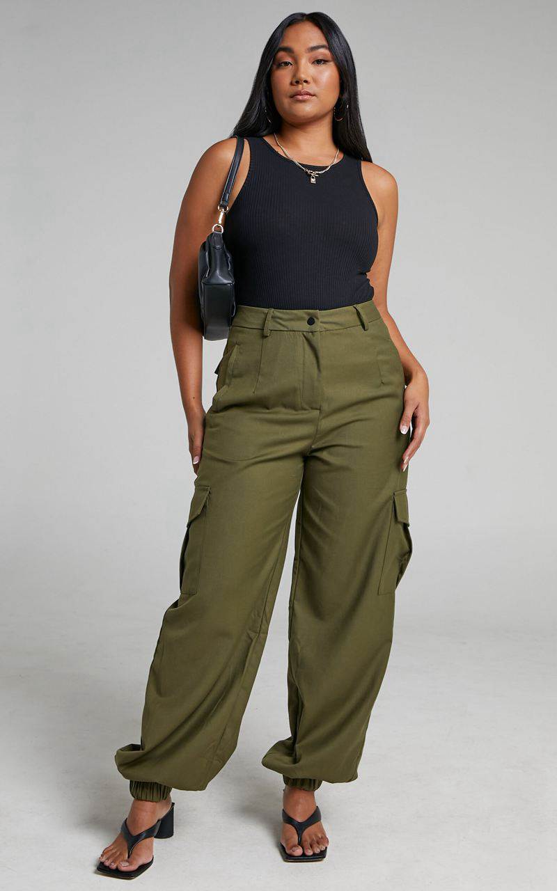 Showpo Xyriel - High Waisted Utility Style Cargo Pants Khaki | NDFHWB604