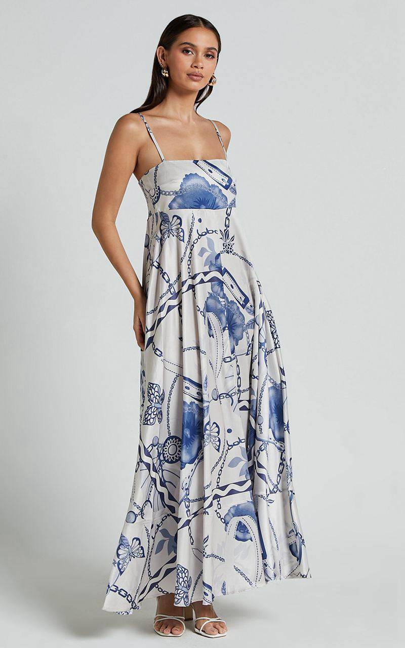 Showpo Yasmine Midi Dress - Straight Neck Sleeveless A Line Dress Blue And White Porcelain Print | LHKFIX971