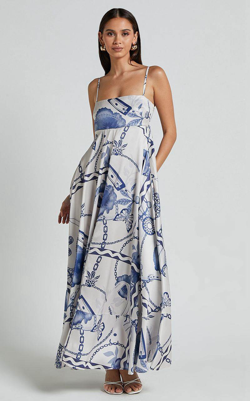 Showpo Yasmine Midi Dress - Straight Neck Sleeveless A Line Dress Blue And White Porcelain Print | LHKFIX971