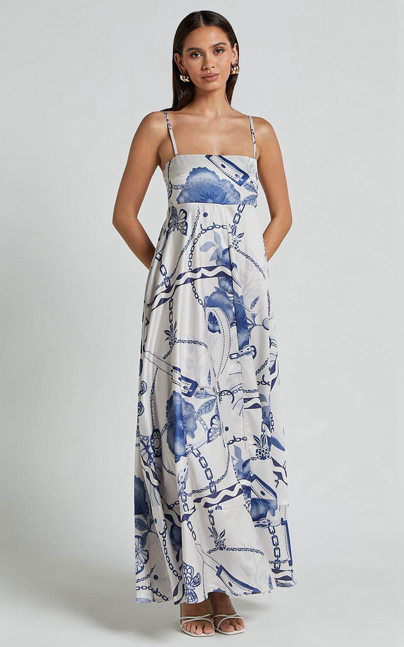 Showpo Yasmine Midi Dress - Straight Neck Sleeveless A Line Dress Blue And White Porcelain Print | LHKFIX971