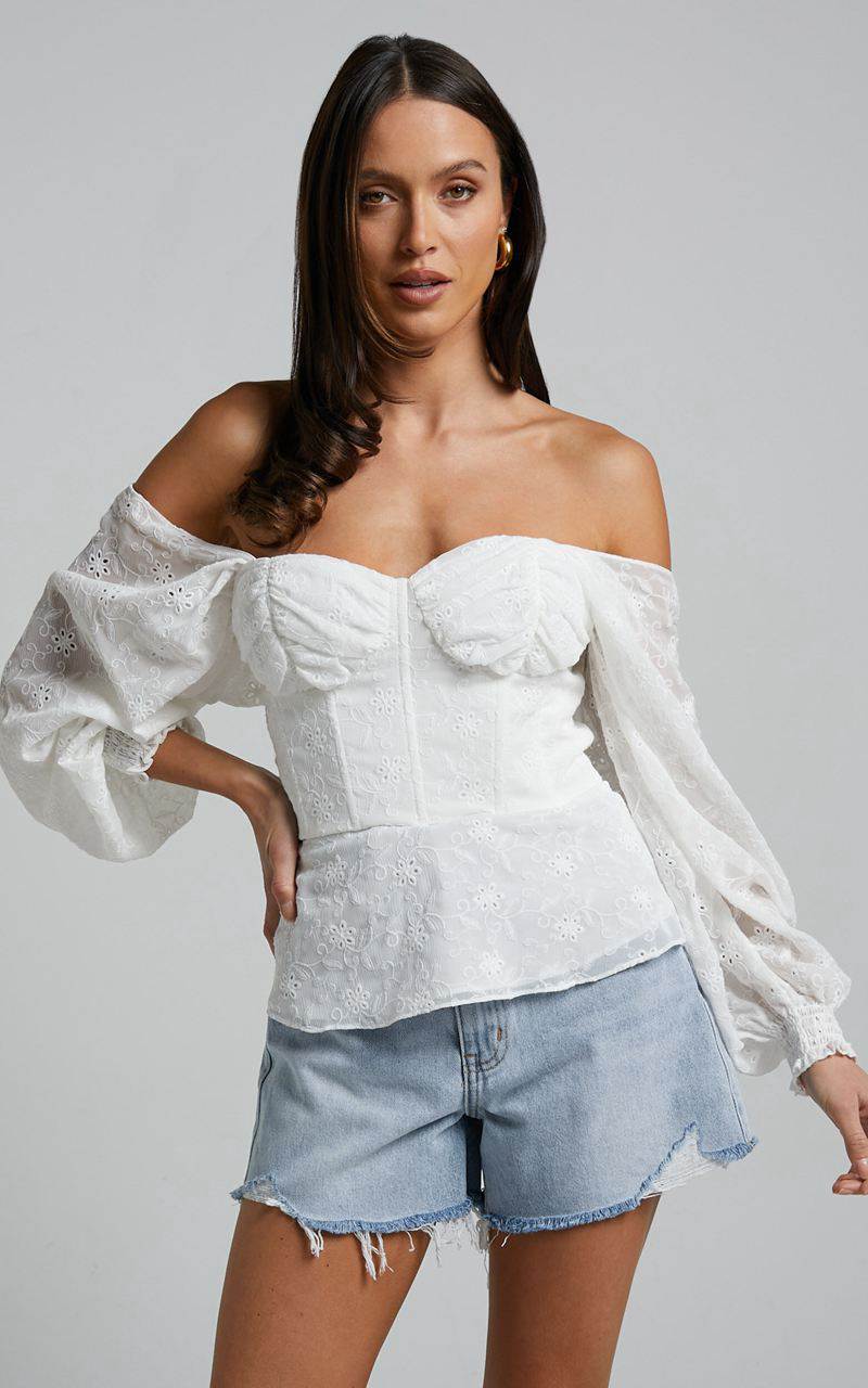 Showpo Ybur Top - Off Shoulder Long Sleeve Bustier Top Ivory | EXQSGH075