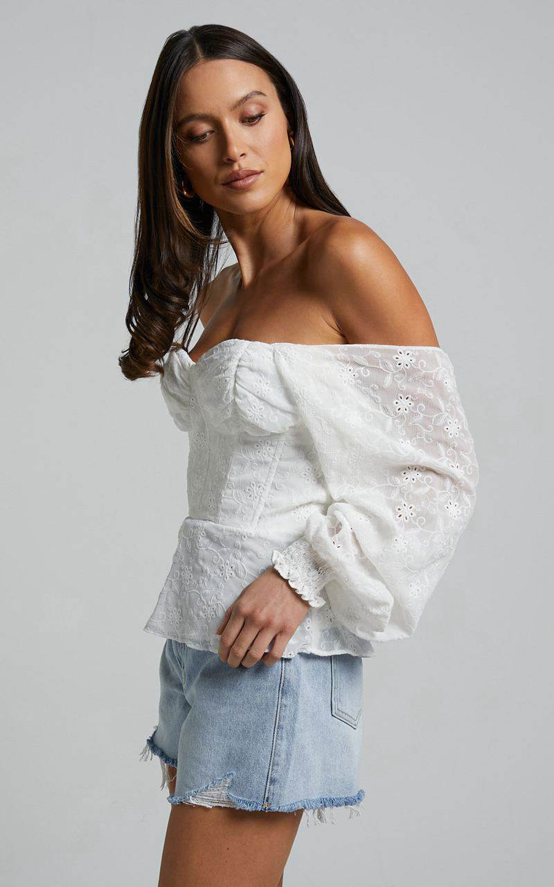 Showpo Ybur Top - Off Shoulder Long Sleeve Bustier Top Ivory | EXQSGH075