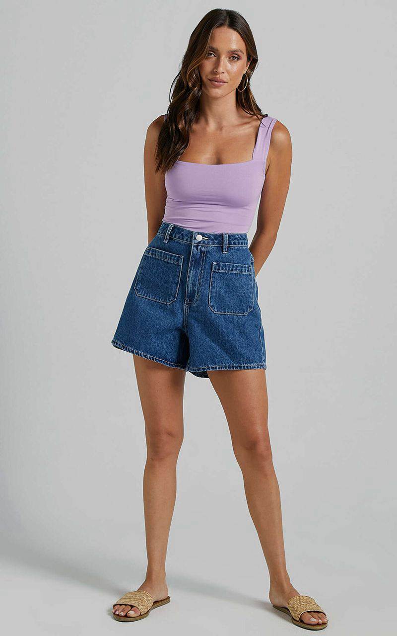 Showpo Yeena Shorts - Denim High Waisted Mid Blue Wash | GNKOMH815