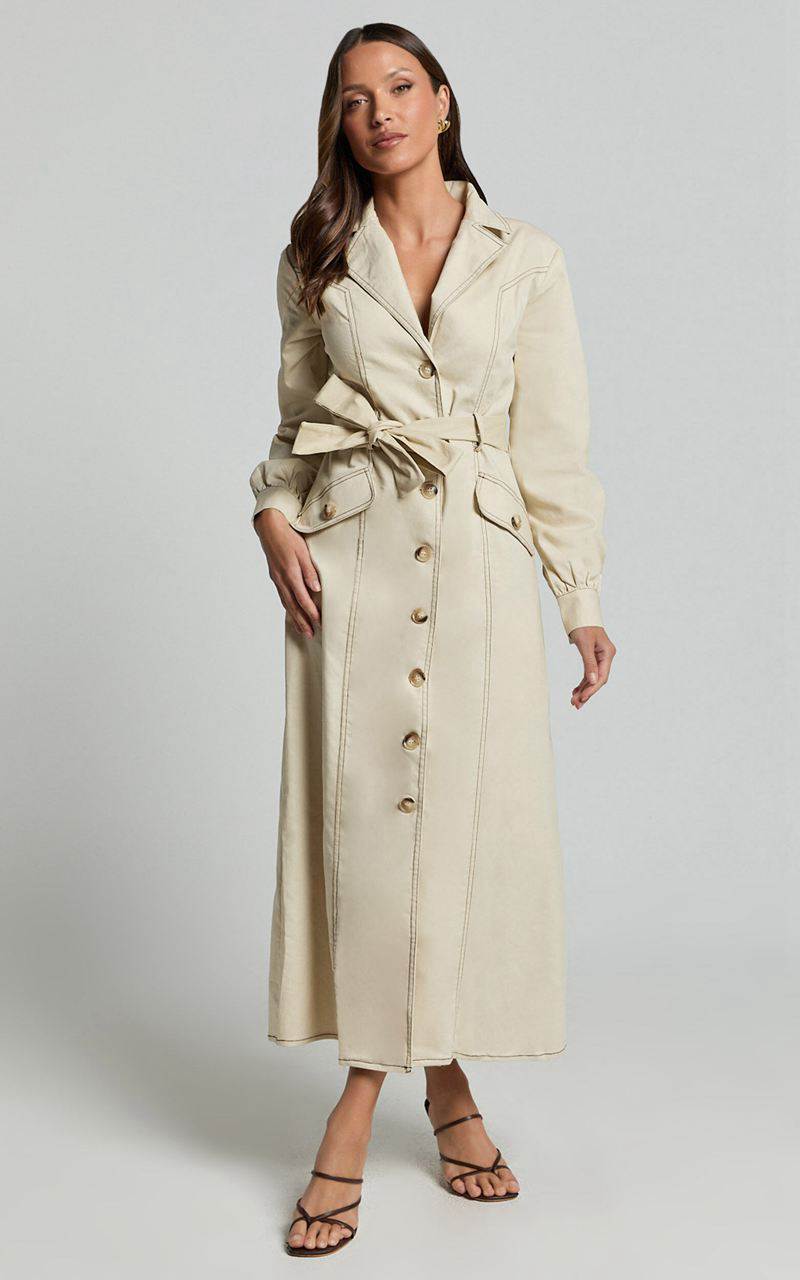 Showpo Yelena Midi Dress - Button Up Collared Belted Long Sleeve Dress Natural | HLIUJG289