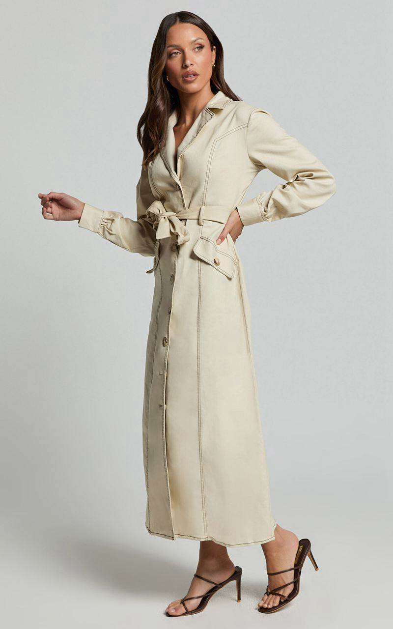 Showpo Yelena Midi Dress - Button Up Collared Belted Long Sleeve Dress Natural | HLIUJG289