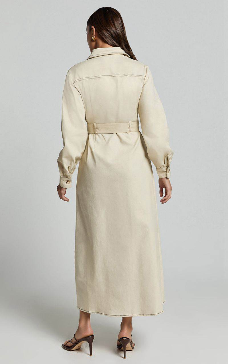 Showpo Yelena Midi Dress - Button Up Collared Belted Long Sleeve Dress Natural | HLIUJG289