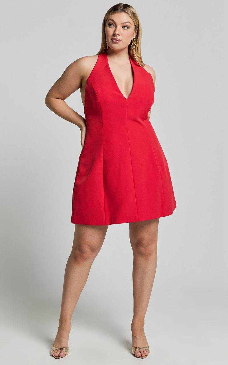 Showpo Yelena Mini Dress - Halter Neck Bow Detail Mini Dress Red | OSTRWQ542