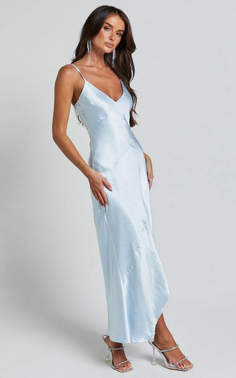 Showpo Ylona Maxi Dress - Asymmetric Draped Bias Cut Satin Slip Dress Ice Blue | FWKDVY361