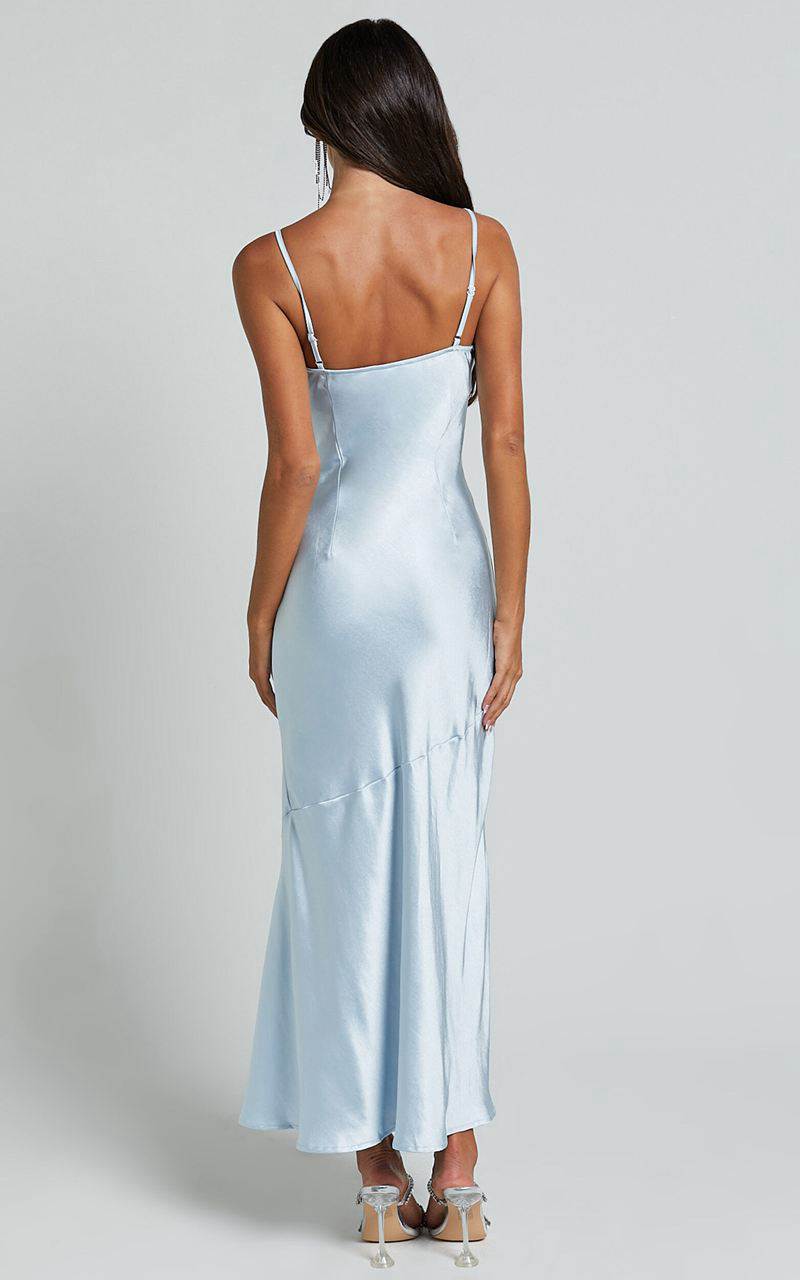 Showpo Ylona Maxi Dress - Asymmetric Draped Bias Cut Satin Slip Dress Ice Blue | FWKDVY361