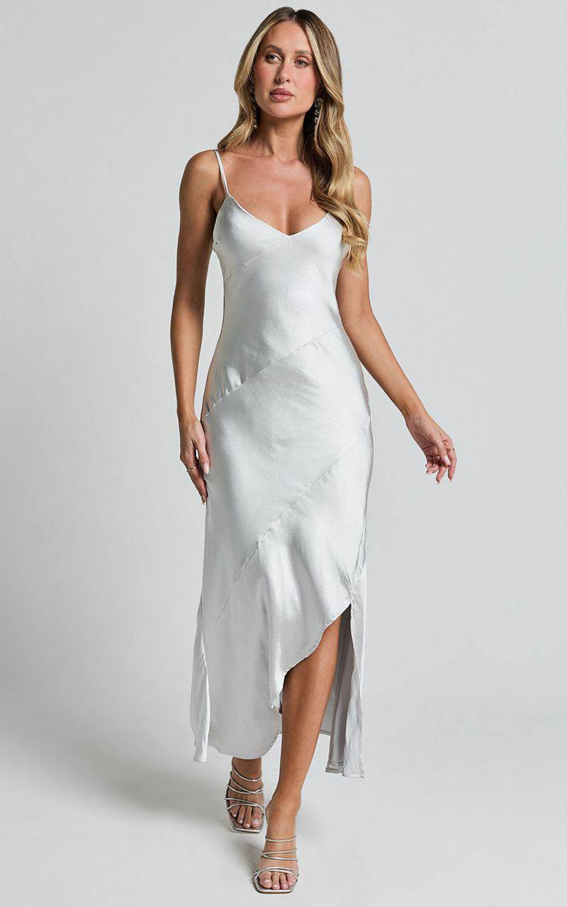 Showpo Ylona Maxi Dress - Asymmetric Draped Bias Cut Satin Slip Dress Oyster | TNWKZH628