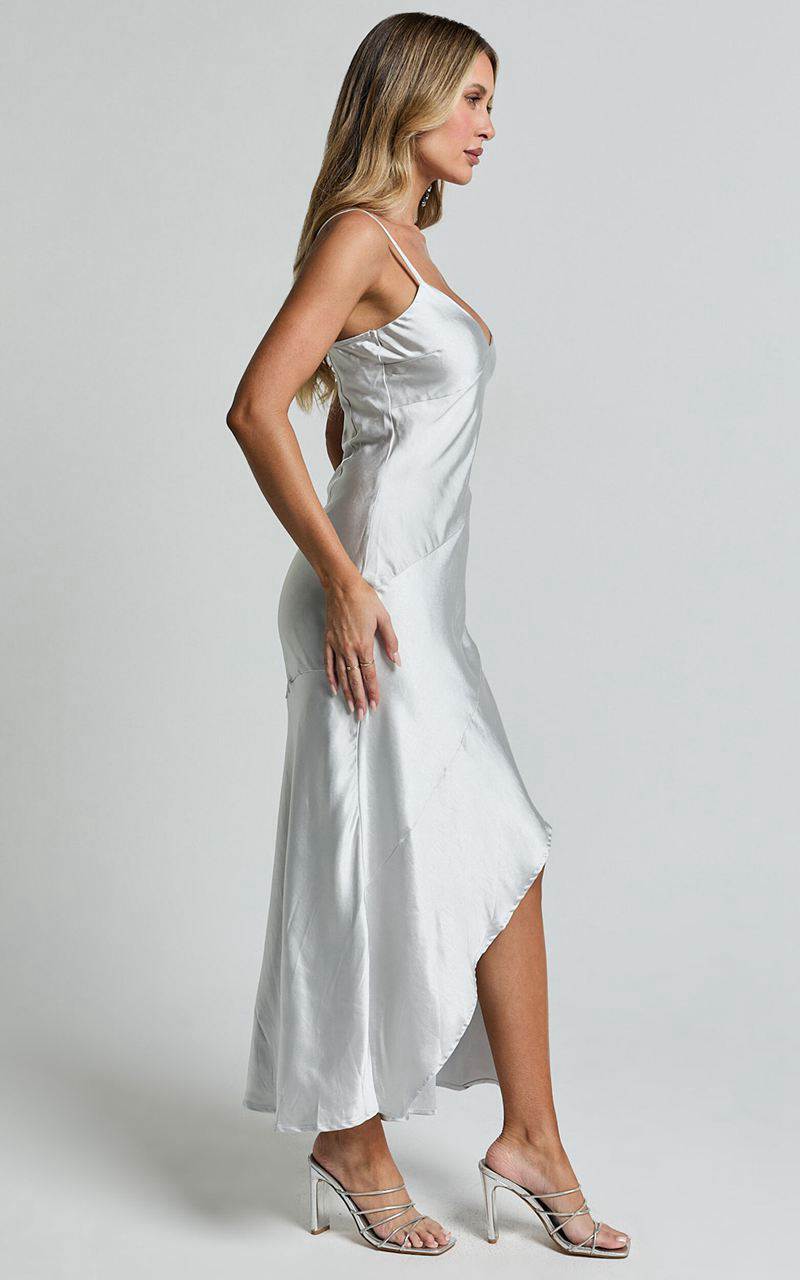 Showpo Ylona Maxi Dress - Asymmetric Draped Bias Cut Satin Slip Dress Oyster | TNWKZH628