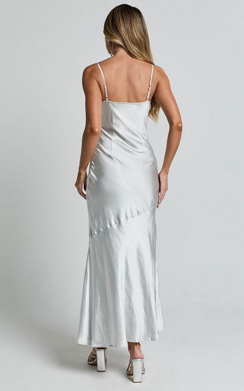 Showpo Ylona Maxi Dress - Asymmetric Draped Bias Cut Satin Slip Dress Oyster | TNWKZH628