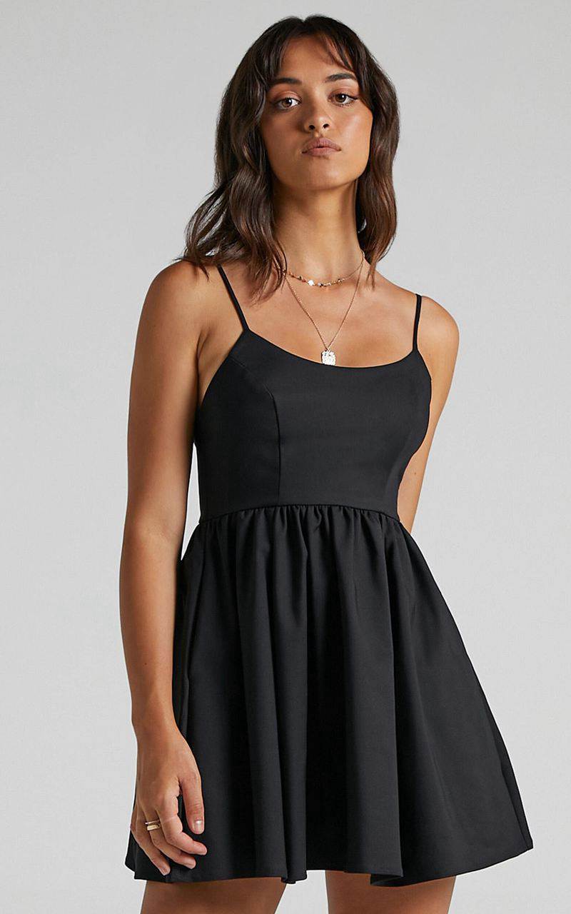 Showpo You Got Nothing To Prove Mini Dress - Strappy A-Line Dress Black | DBHCLA906