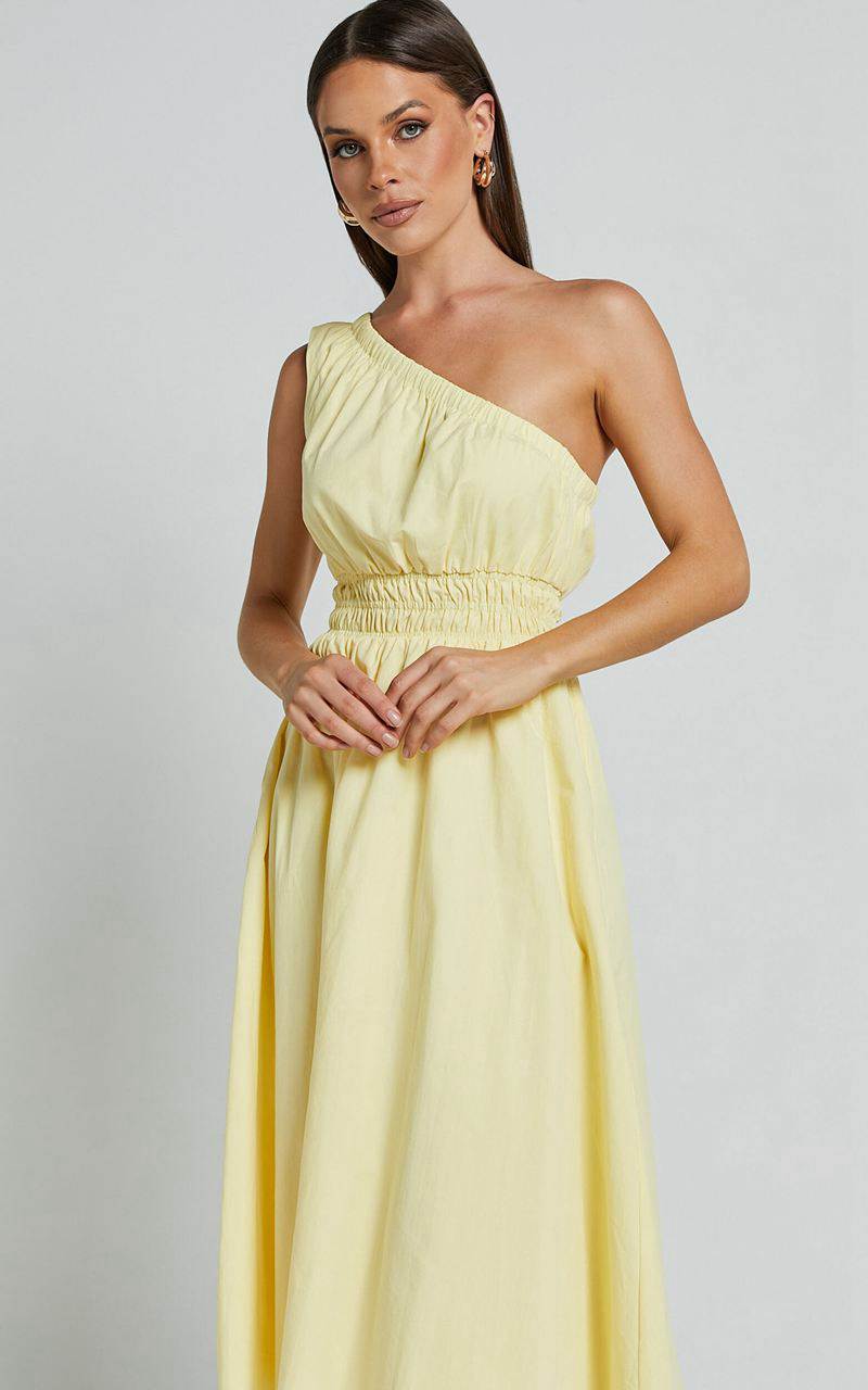 Showpo Yulia Midi Dress - One Shoulder Shirred Waist Dress Lemon | FJLQBR598