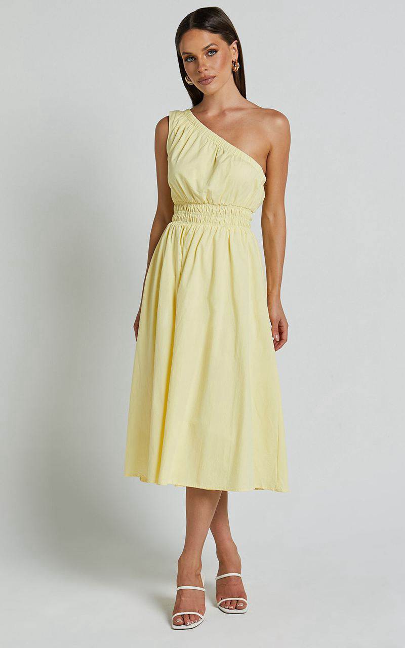 Showpo Yulia Midi Dress - One Shoulder Shirred Waist Dress Lemon | FJLQBR598