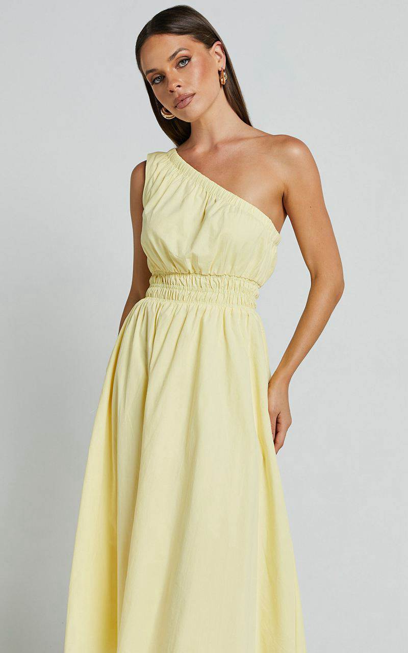 Showpo Yulia Midi Dress - One Shoulder Shirred Waist Dress Lemon | FJLQBR598