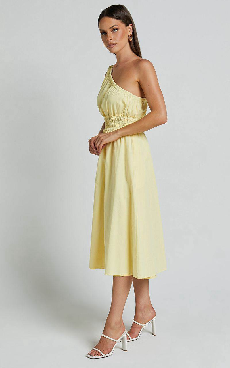 Showpo Yulia Midi Dress - One Shoulder Shirred Waist Dress Lemon | FJLQBR598