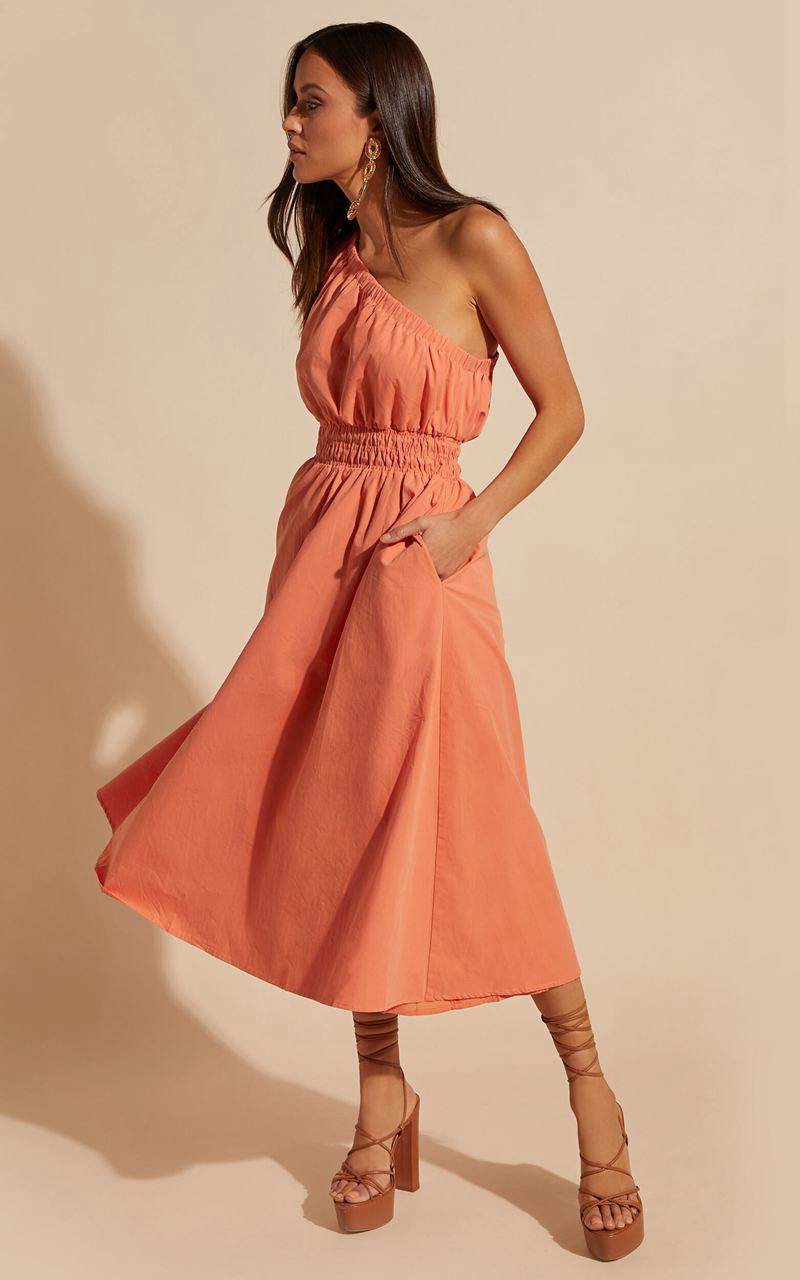 Showpo Yulia Midi Dress - One Shoulder Shirred Waist Dress Orange | FZEAUQ851