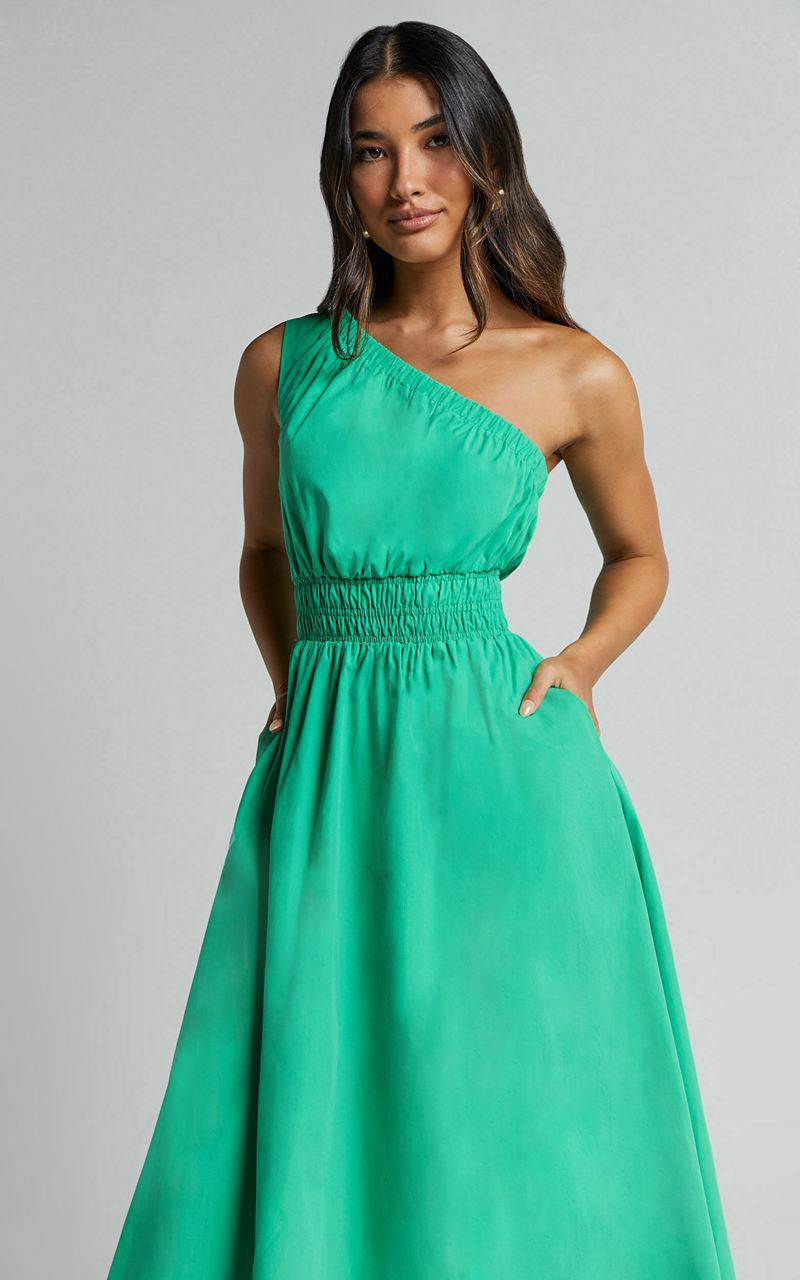 Showpo Yulia Midi Dress - One Shoulder Shirred Waist Dress Green | GUKFOX425