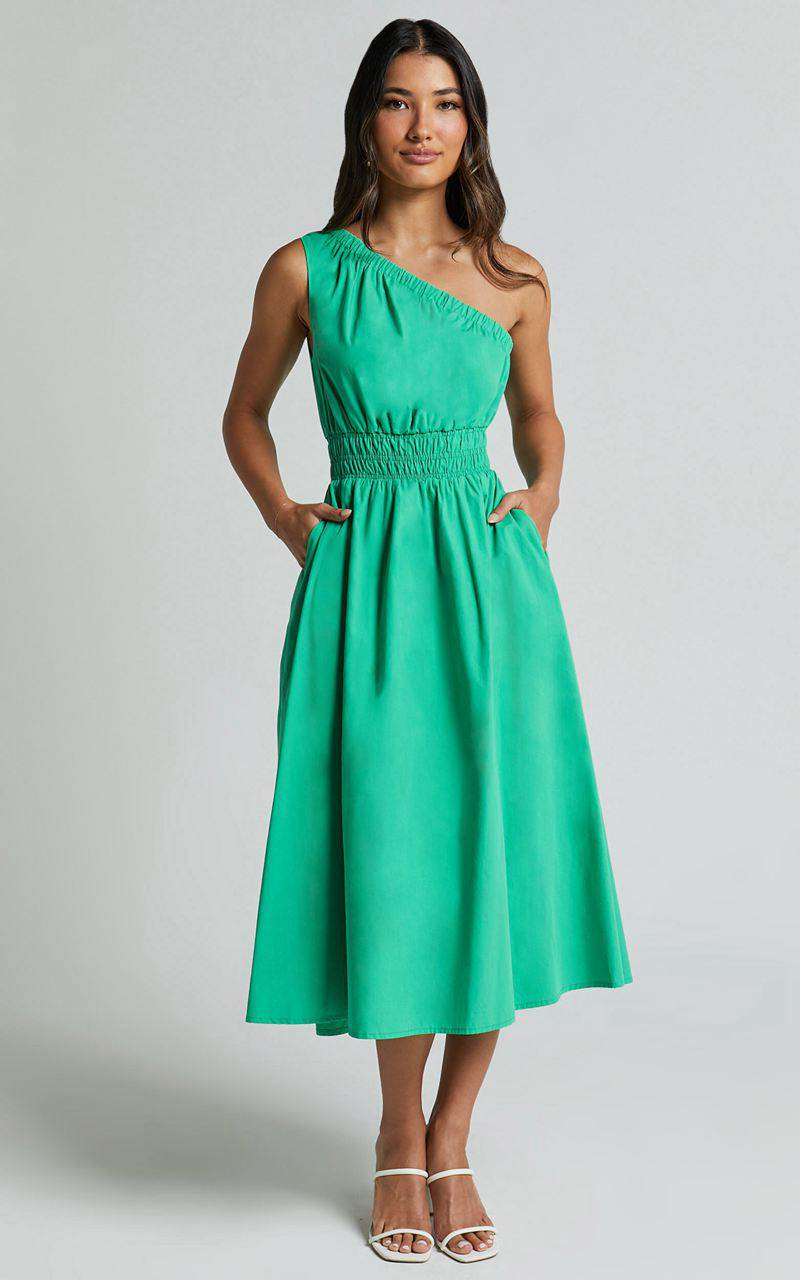 Showpo Yulia Midi Dress - One Shoulder Shirred Waist Dress Green | GUKFOX425