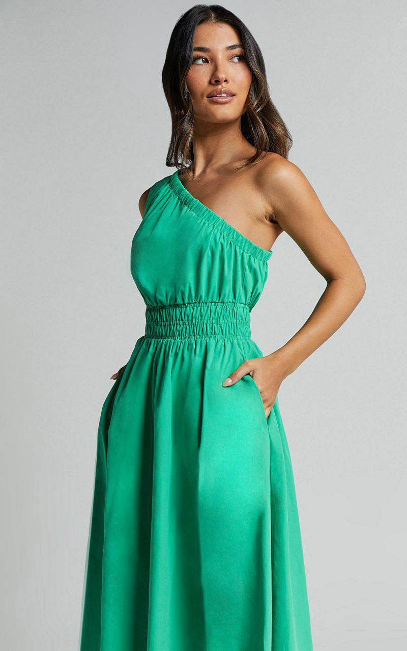 Showpo Yulia Midi Dress - One Shoulder Shirred Waist Dress Green | GUKFOX425