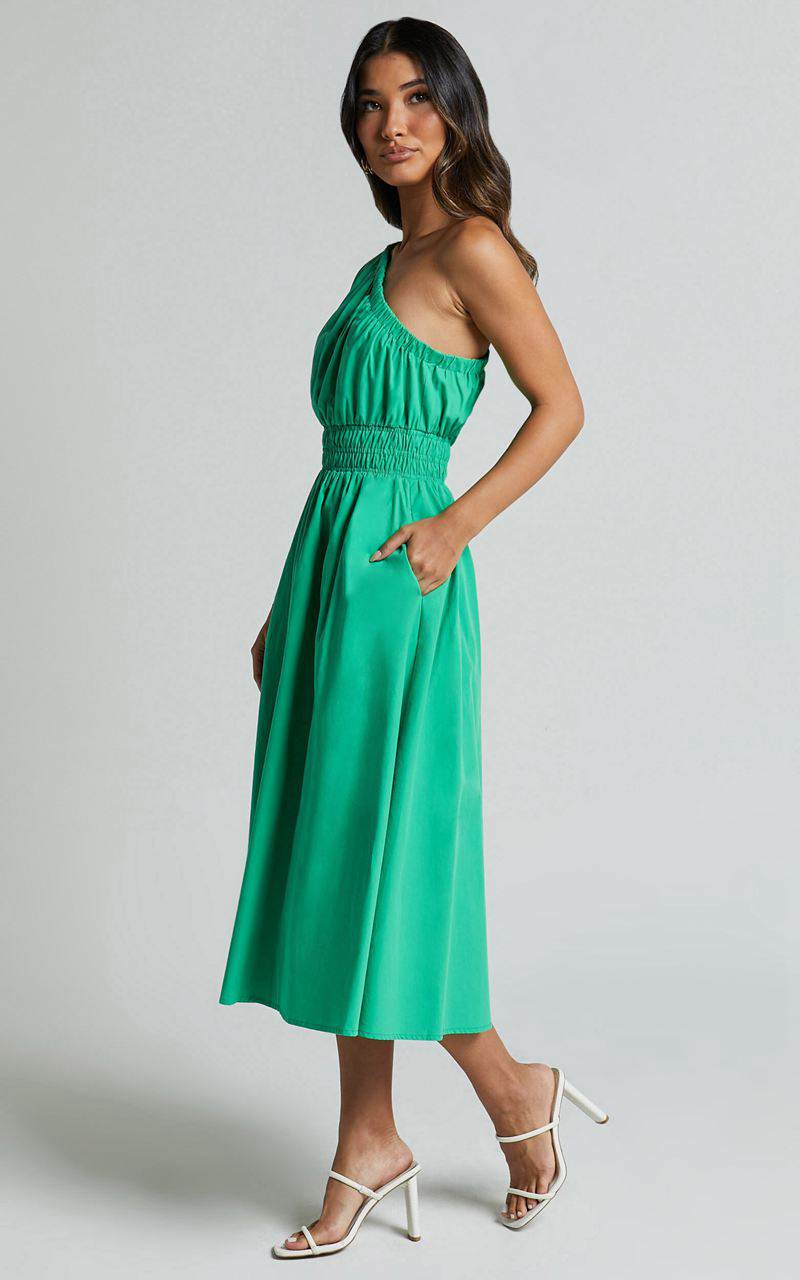 Showpo Yulia Midi Dress - One Shoulder Shirred Waist Dress Green | GUKFOX425