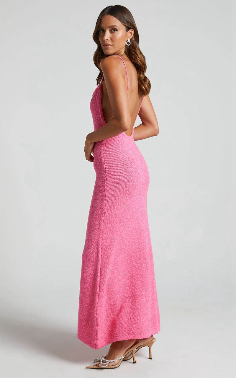 Showpo Yurika Midi Dress - Knit Open Back Dress Bright Pink | KLNUDB675