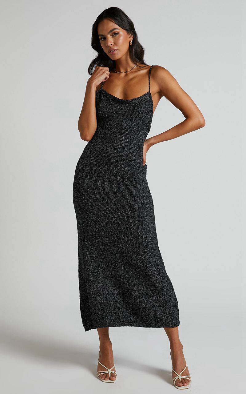 Showpo Yurika Midi Dress - Knit Open Back Dress Black Marle | YGMJQZ815