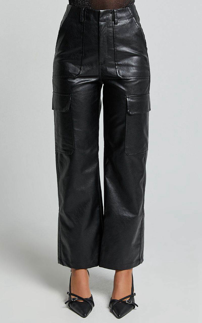 Showpo Yvette Pants - High Waist Faux Leather Cargo Pants Black | SRODWL019