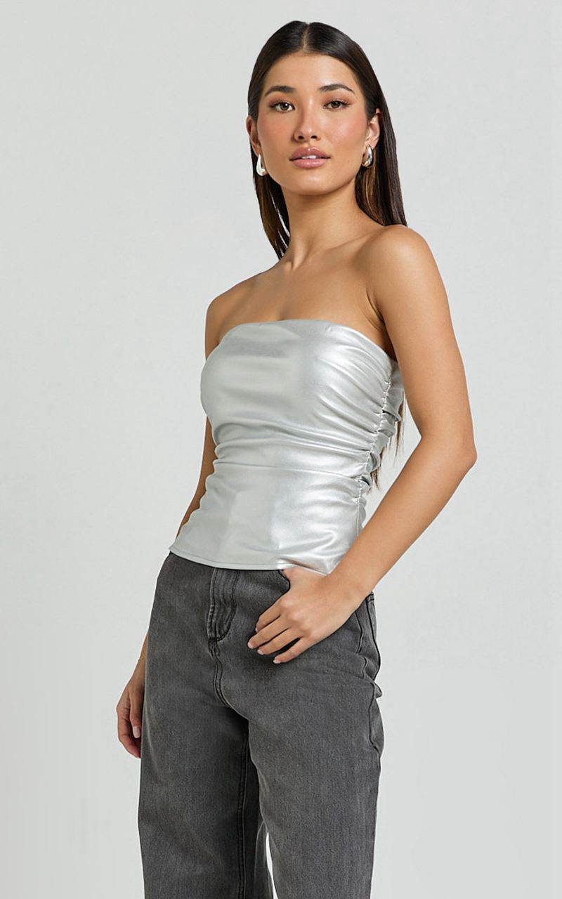 Showpo Yvonne Top - Strapless Ruched Top Silver | RWJGXZ714