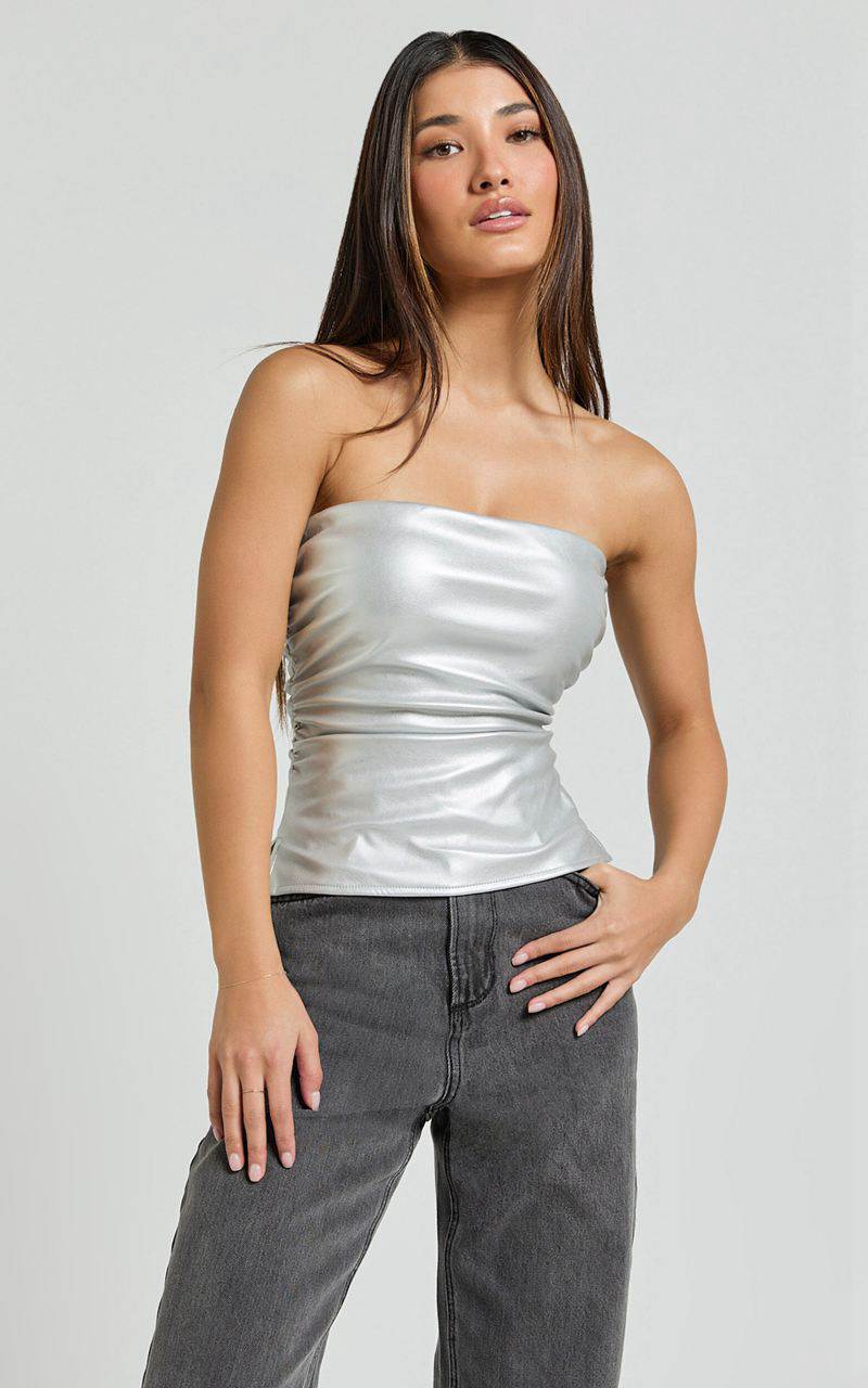 Showpo Yvonne Top - Strapless Ruched Top Silver | RWJGXZ714