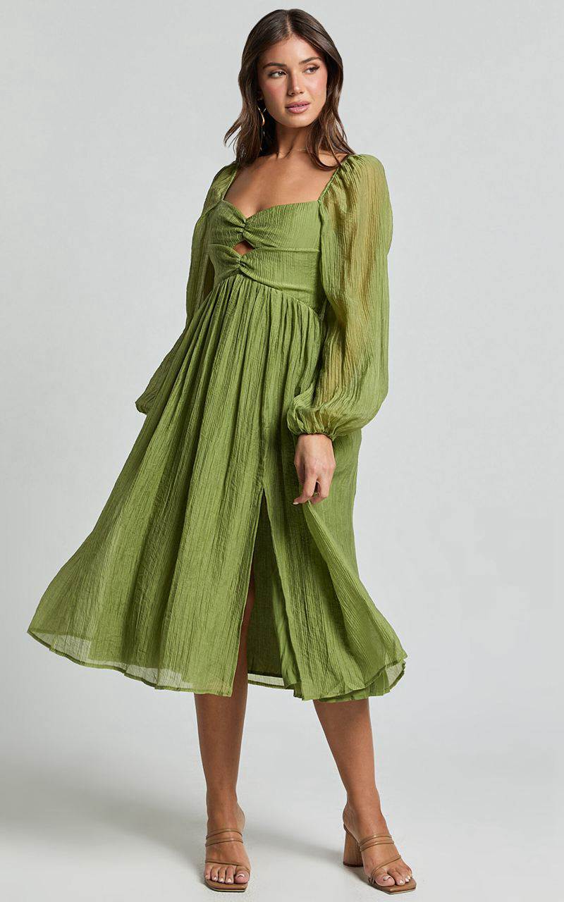 Showpo Zahara Midi Dress - Blouson Sleeve Cut Out Dress Green | KZQOYJ645