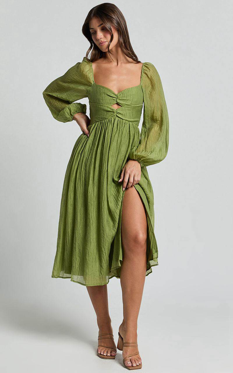 Showpo Zahara Midi Dress - Blouson Sleeve Cut Out Dress Green | KZQOYJ645