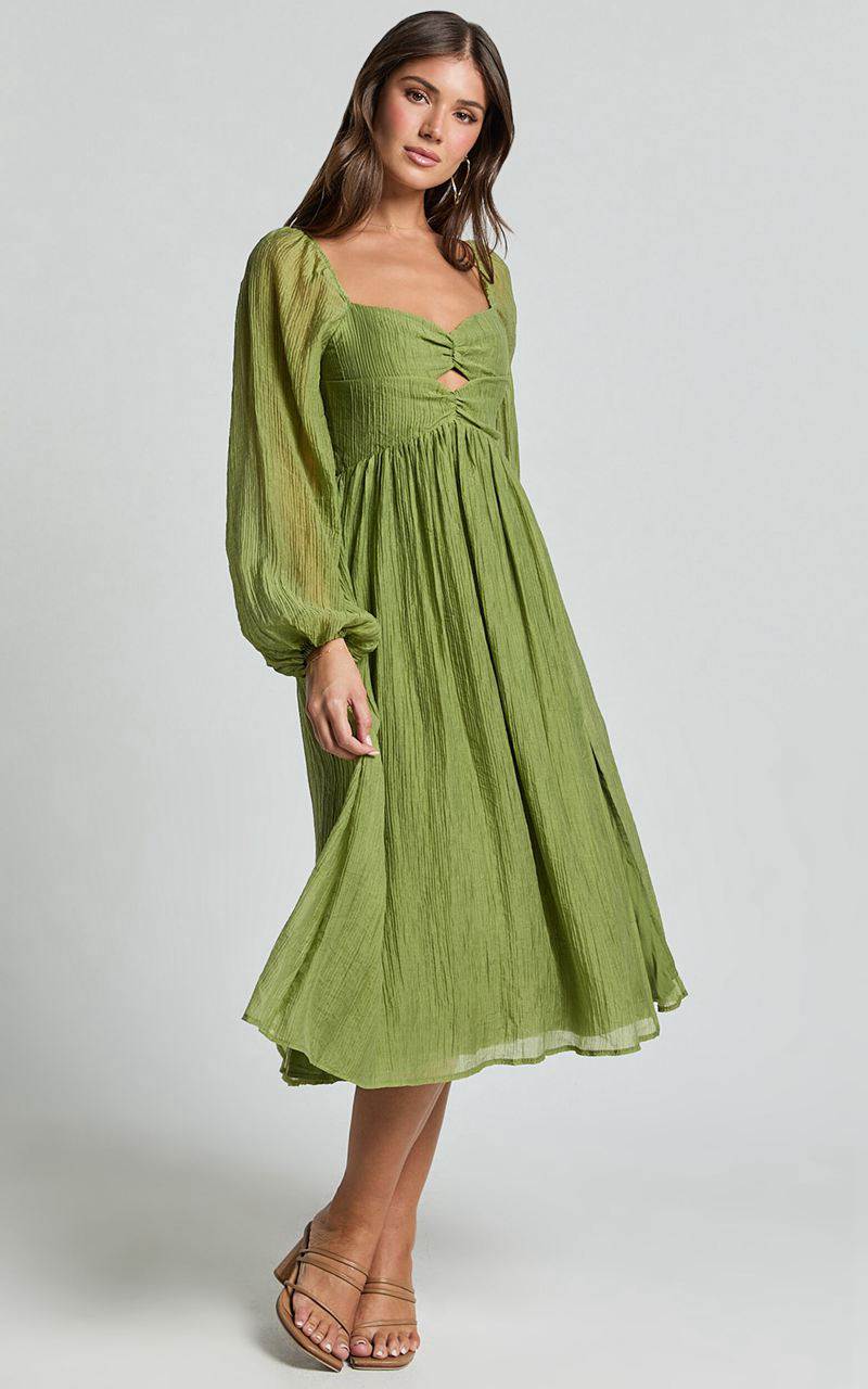 Showpo Zahara Midi Dress - Blouson Sleeve Cut Out Dress Green | KZQOYJ645