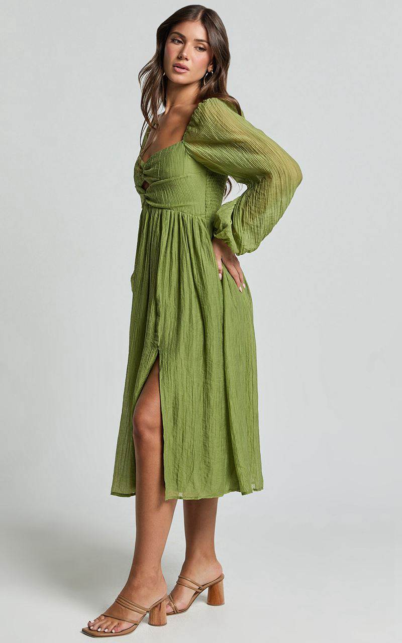 Showpo Zahara Midi Dress - Blouson Sleeve Cut Out Dress Green | KZQOYJ645