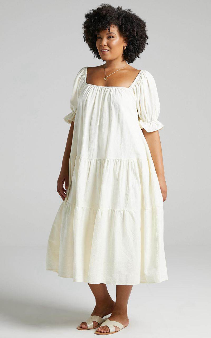 Showpo Zaharrah Midi Dress - Tiered Dress Cream Linen Look | VRGYWD670