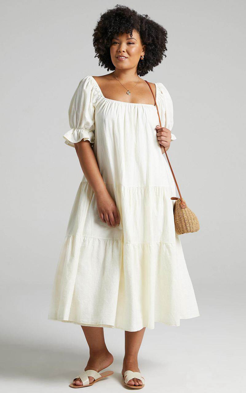 Showpo Zaharrah Midi Dress - Tiered Dress Cream Linen Look | VRGYWD670