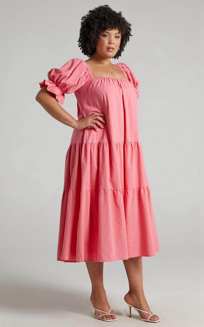 Showpo Zaharrah Midi Dress - Tiered Dress Coral Linen Look | SKEPBN529