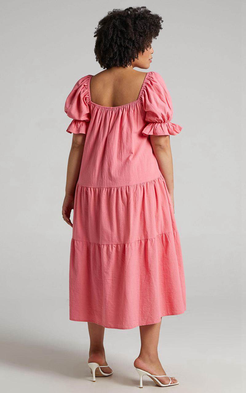 Showpo Zaharrah Midi Dress - Tiered Dress Coral Linen Look | SKEPBN529