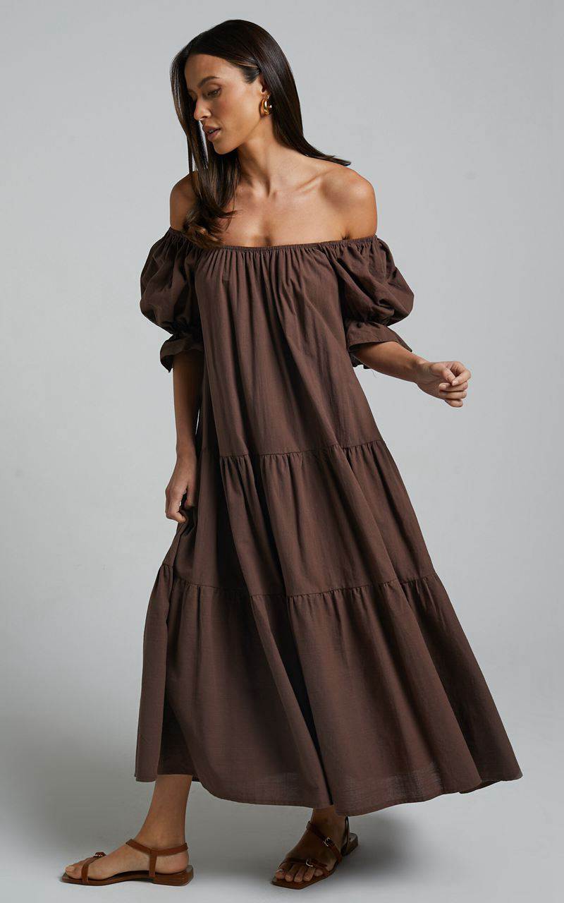 Showpo Zaharrah Midi Dress - Tiered Dress Chocolate Linen Look | HEAXWK176