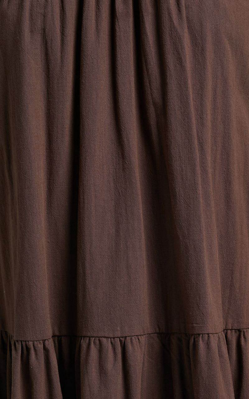 Showpo Zaharrah Midi Dress - Tiered Dress Chocolate Linen Look | HEAXWK176