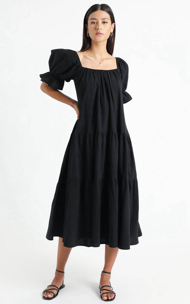 Showpo Zaharrah Tiered Midi Dress Black Linen Look | YXQUKR091